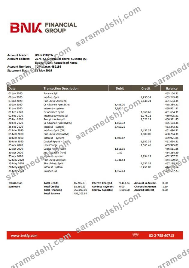 South Korea BNK bank statement template, Word and PDF format (.doc and .pdf)
